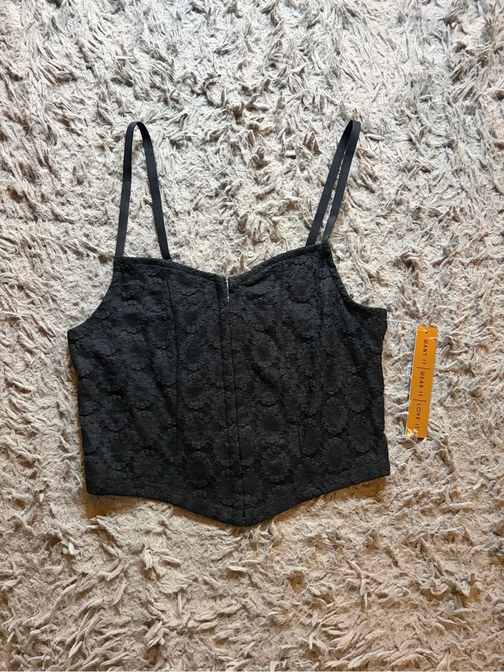 NWT Almost Famous black lacy hook and eye clasp closure corset top sz M